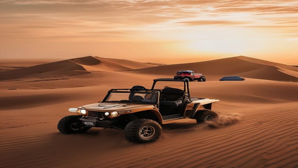 Dune buggy on tall Al Khatim or Liwa desert dunes in Abu Dhabi