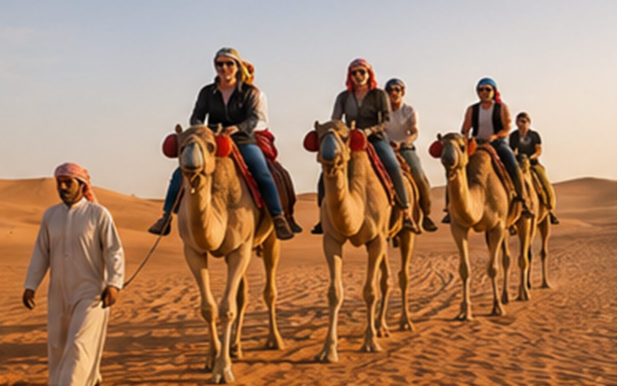 Camel ride walking through desert dunes at dusk