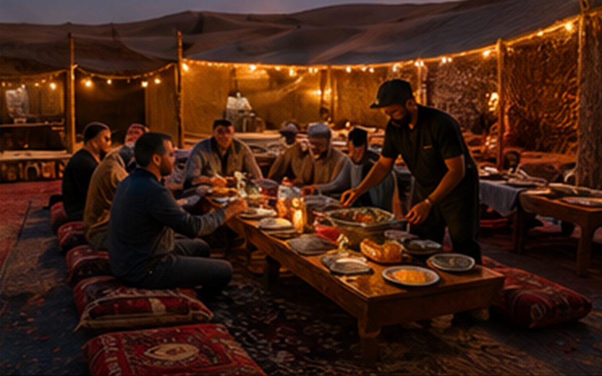 Dubai desert camp dinner setup with warm lights