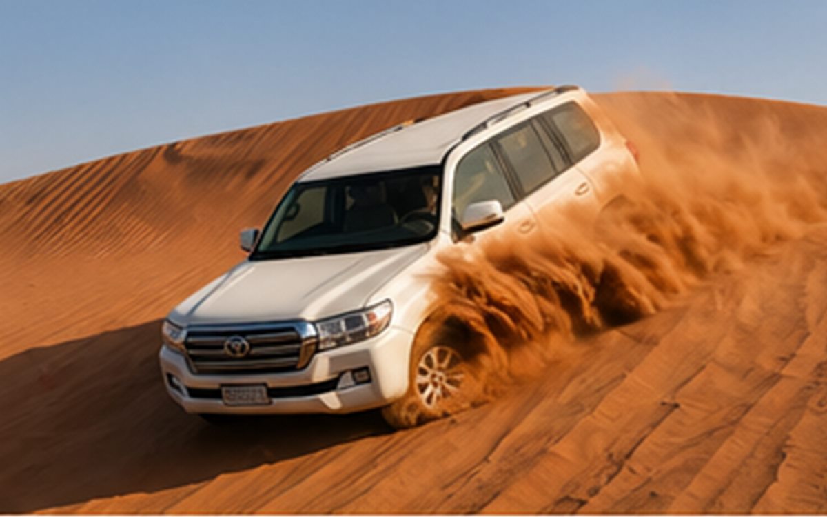 Desert safari vehicle on golden dunes at sunset