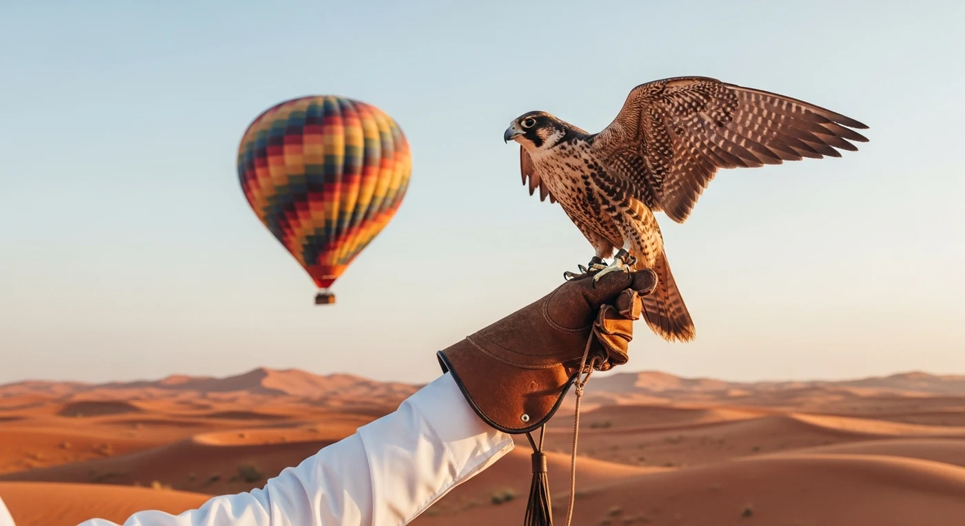 Trained falcon perched on a falconer's gloved arm with a colorful hot air balloon floating over the desert