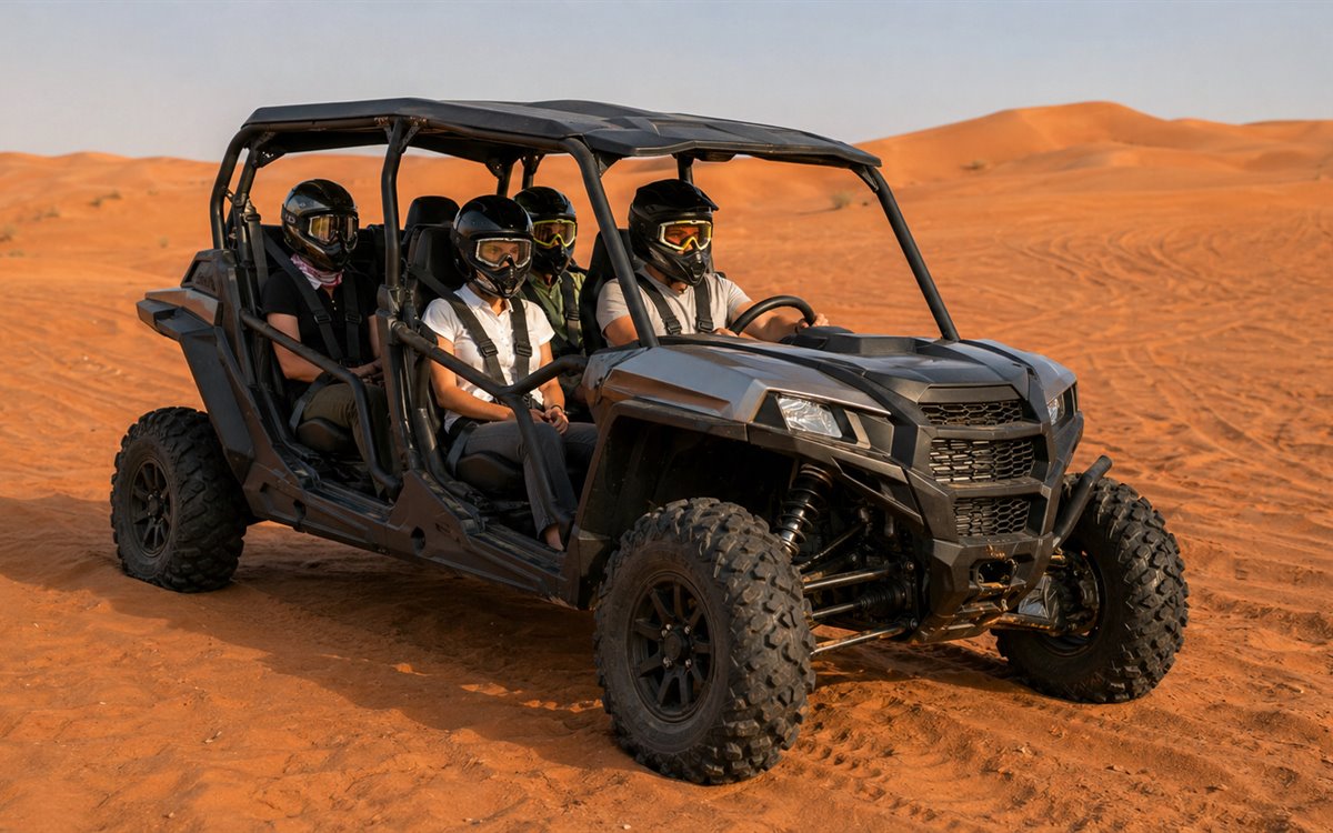 Four seat family dune buggy with open sides in the desert