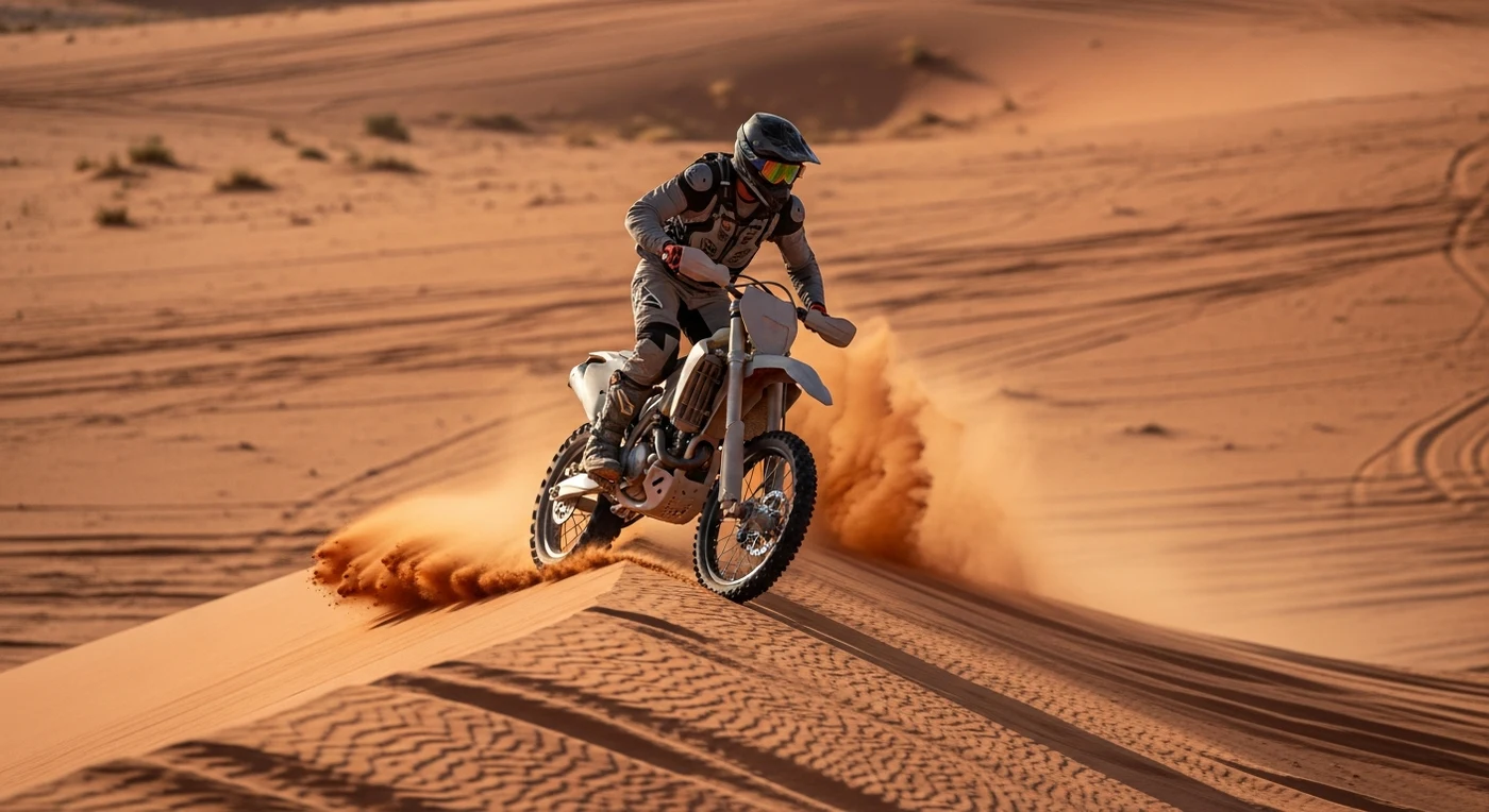 Rider on an unbranded off-road motorbike kicking up sand while cresting a red Dubai dune