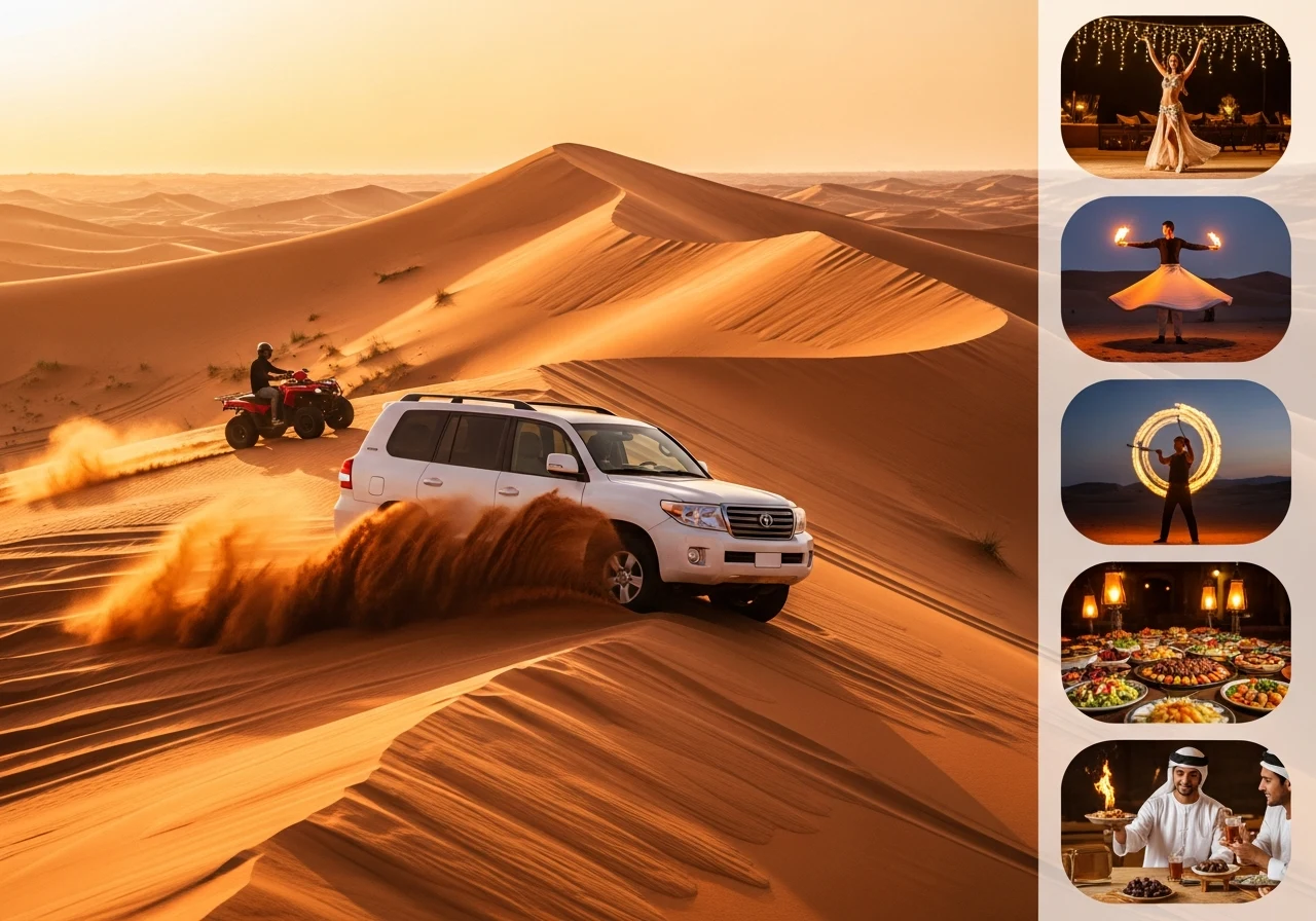White Land Cruiser dune bashing beside a red ATV quad at sunset with belly dance, Tanoura, fire show and BBQ buffet inset photos