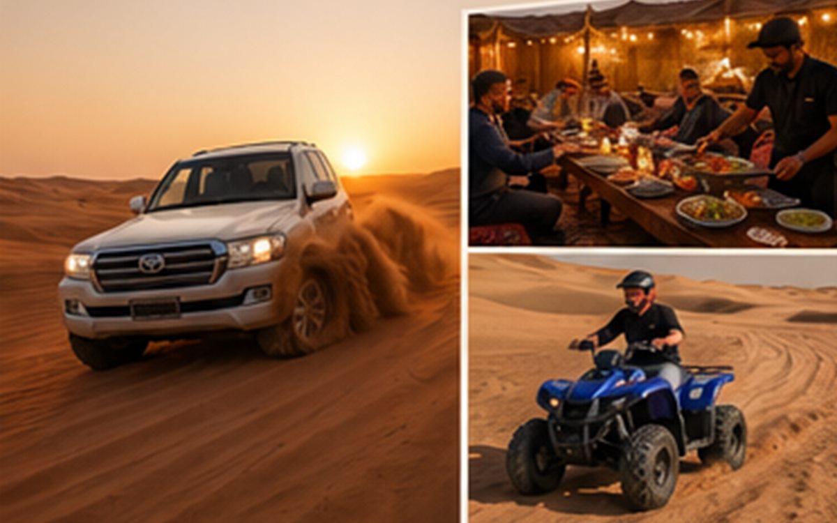 Evening desert safari camp with warm lights