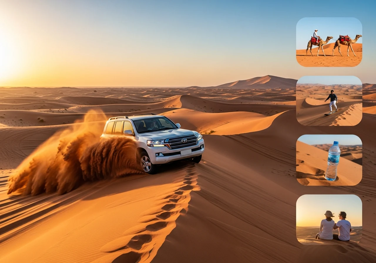 White Land Cruiser 4x4 dune bashing at sunrise with camel ride, sandboarding, water and guests watching the sunrise inset photos