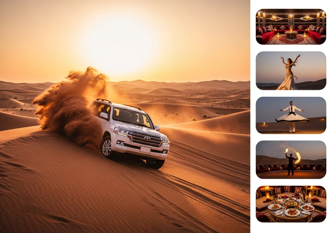 White Land Cruiser dune bashing alone at sunset with private majlis camp, belly dance, Tanoura, fire show and private dinner inset photos