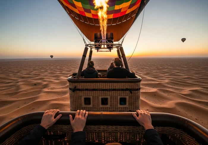 View from a hot air balloon basket over Dubai dunes