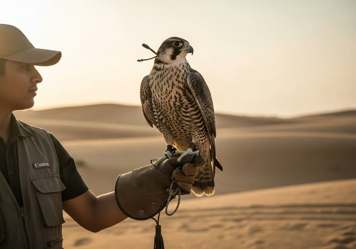 Falconer with a trained falcon in the desert
