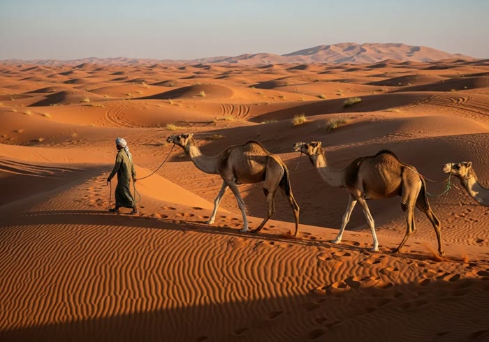 Handler leading a camel caravan across the dunes at golden hour