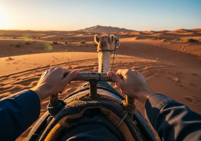 First-person view riding a camel across the desert