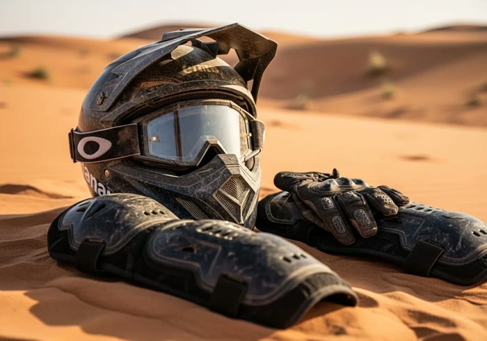 Off-road motorbike gear resting on a desert dune
