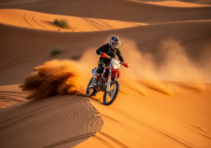Off-road motorbike descending a red Dubai dune