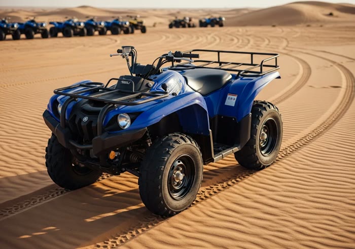 Blue Yamaha Grizzly quad bike parked on a dune