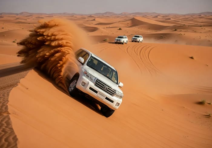 Land Cruiser 4x4 dune bashing on a red Dubai dune