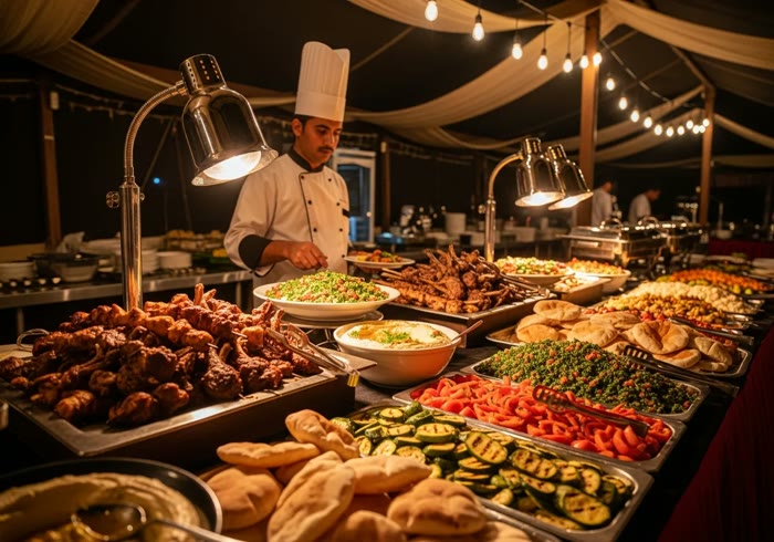 BBQ buffet spread at a desert safari camp