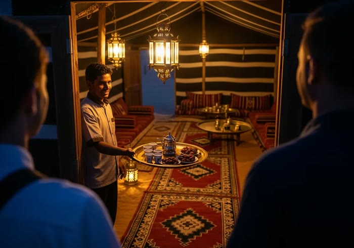 Traditional welcome tea service at a desert camp tent