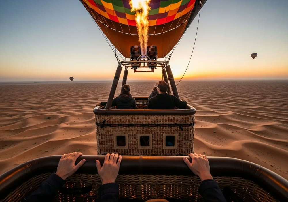 View from a hot air balloon basket flying over Dubai desert dunes at sunrise
