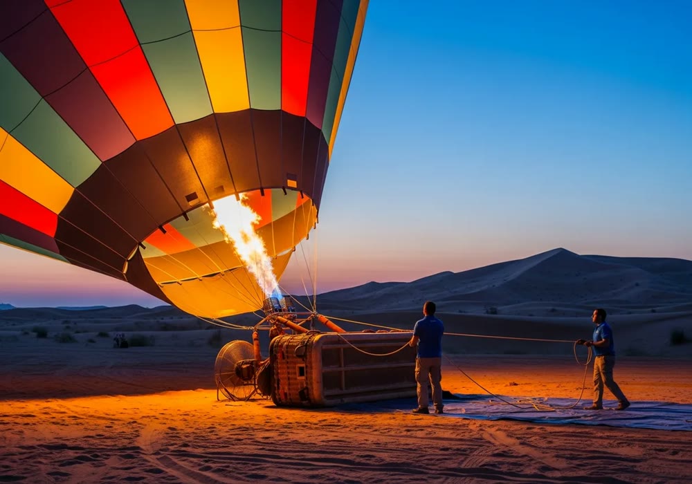 Colorful hot air balloon inflating with burner flame at dawn in the desert